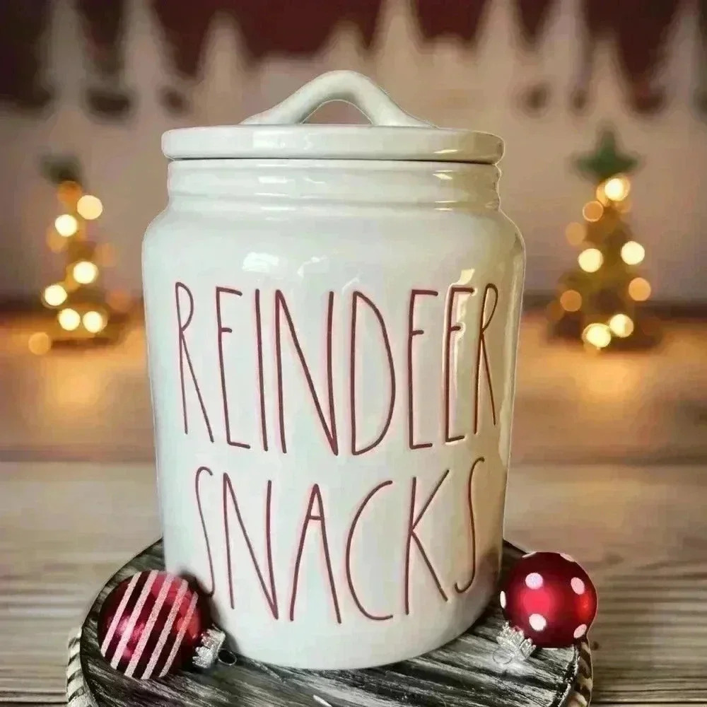 NEW Rae Dunn - REINDEER SNACKS - Fun Ceramic Canister with red letters